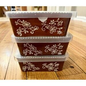 Temp-tations Floral Lace Brown 16oz 6x6 Square Dish w Lid Set of 3 Bakeware